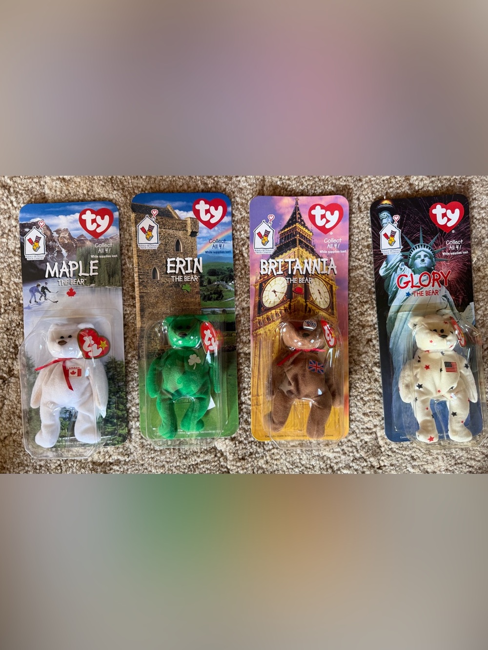 TY Teenie Beanie Babies International Bear Set - Maple, Erin, Britannia & Glory